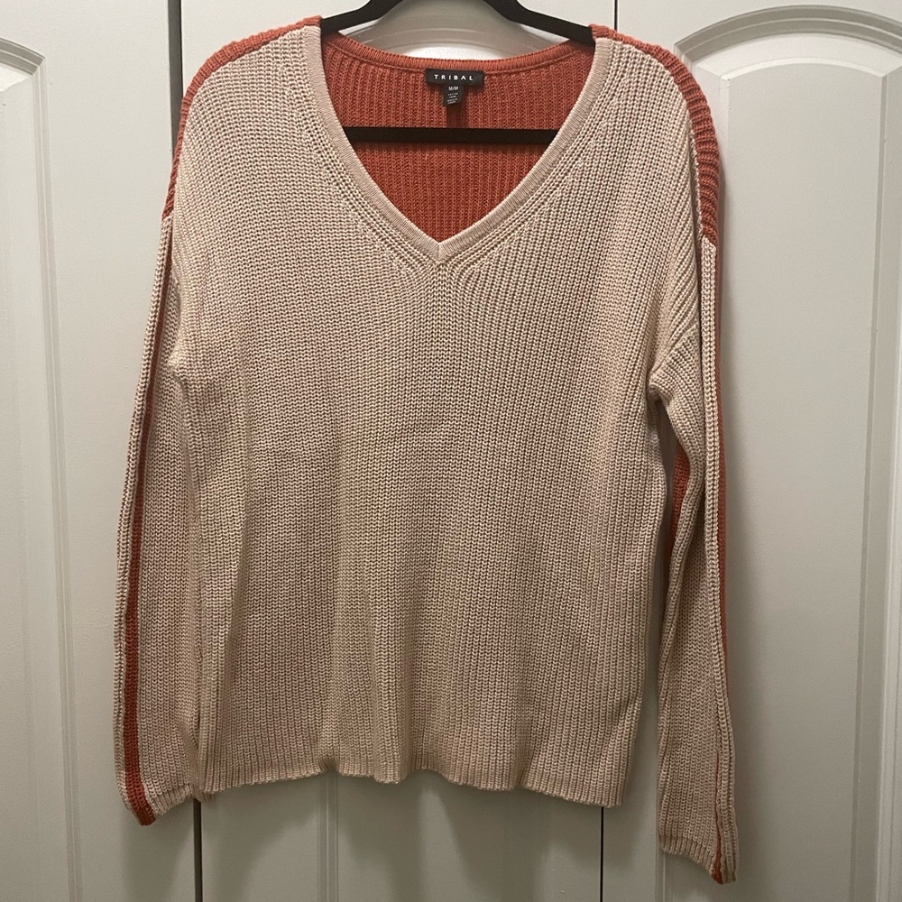V-Neck Sweater with Burnt OrangeAccents